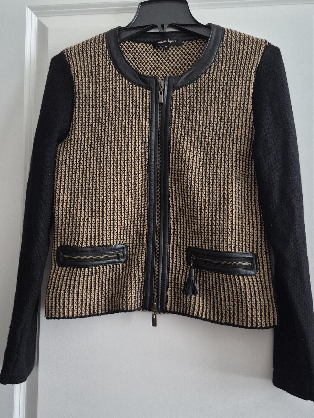 Nanette Lepore Wool & Genuine Leather Knit Jacket Medium Black/Tan